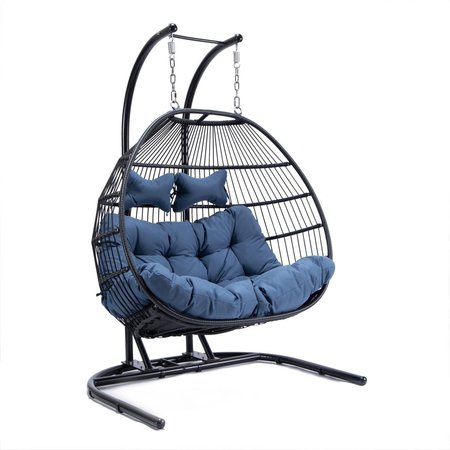 PATIO TRASERO Wicker 2 Person Double Folding Hanging Egg Swing Chair - Navy Blue PA2450291